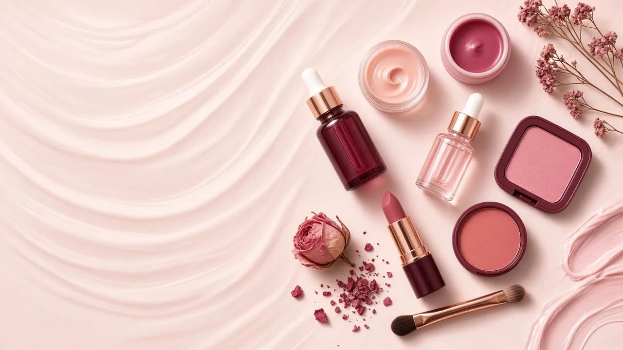 Univers cosmétique : produits disposés en composition éditoriale