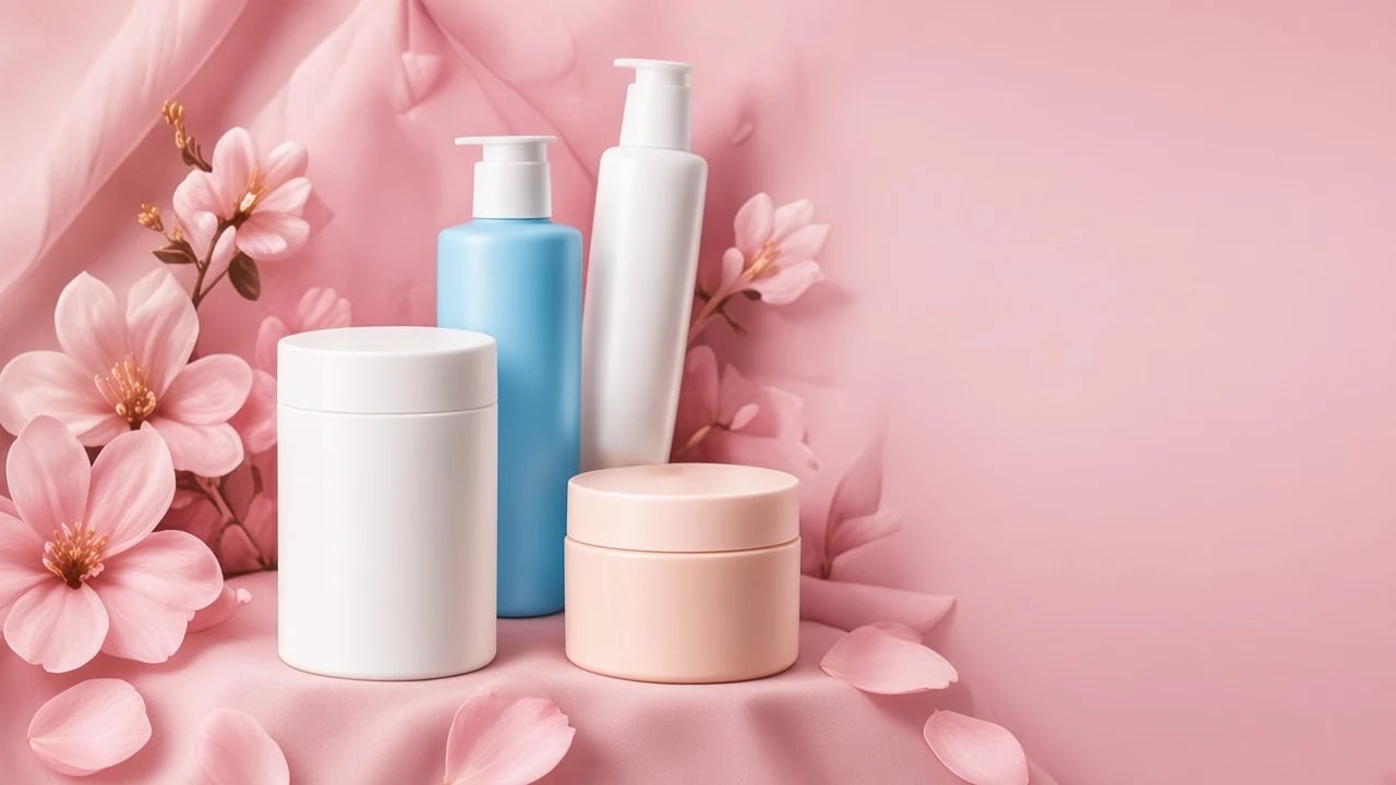 Crèmes et soins du visage sur fond floral